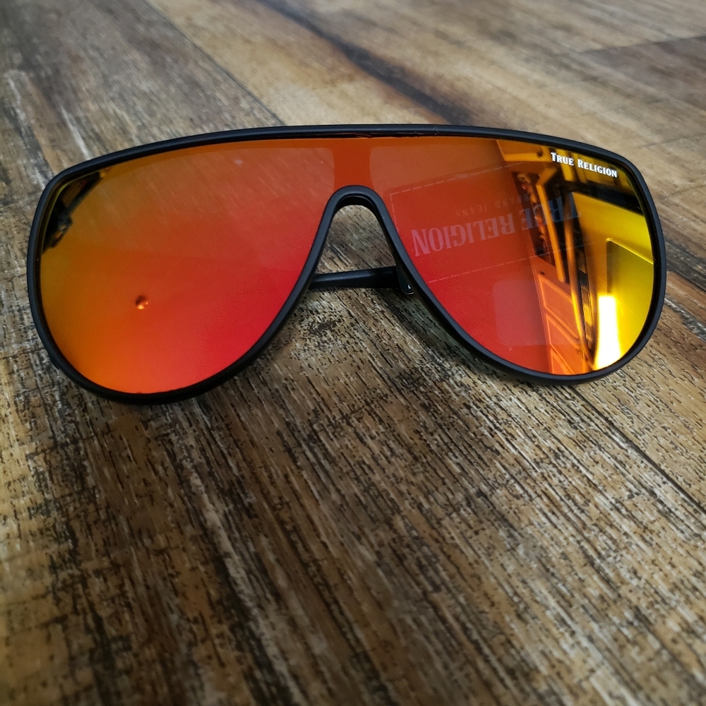 True Religion Black Frame Sunglasses with Red-Orange Mirrored Lenses